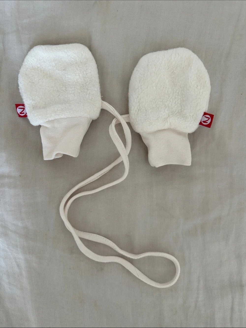 6-12mo Cream Baby Mittens with String - Soft Fleece